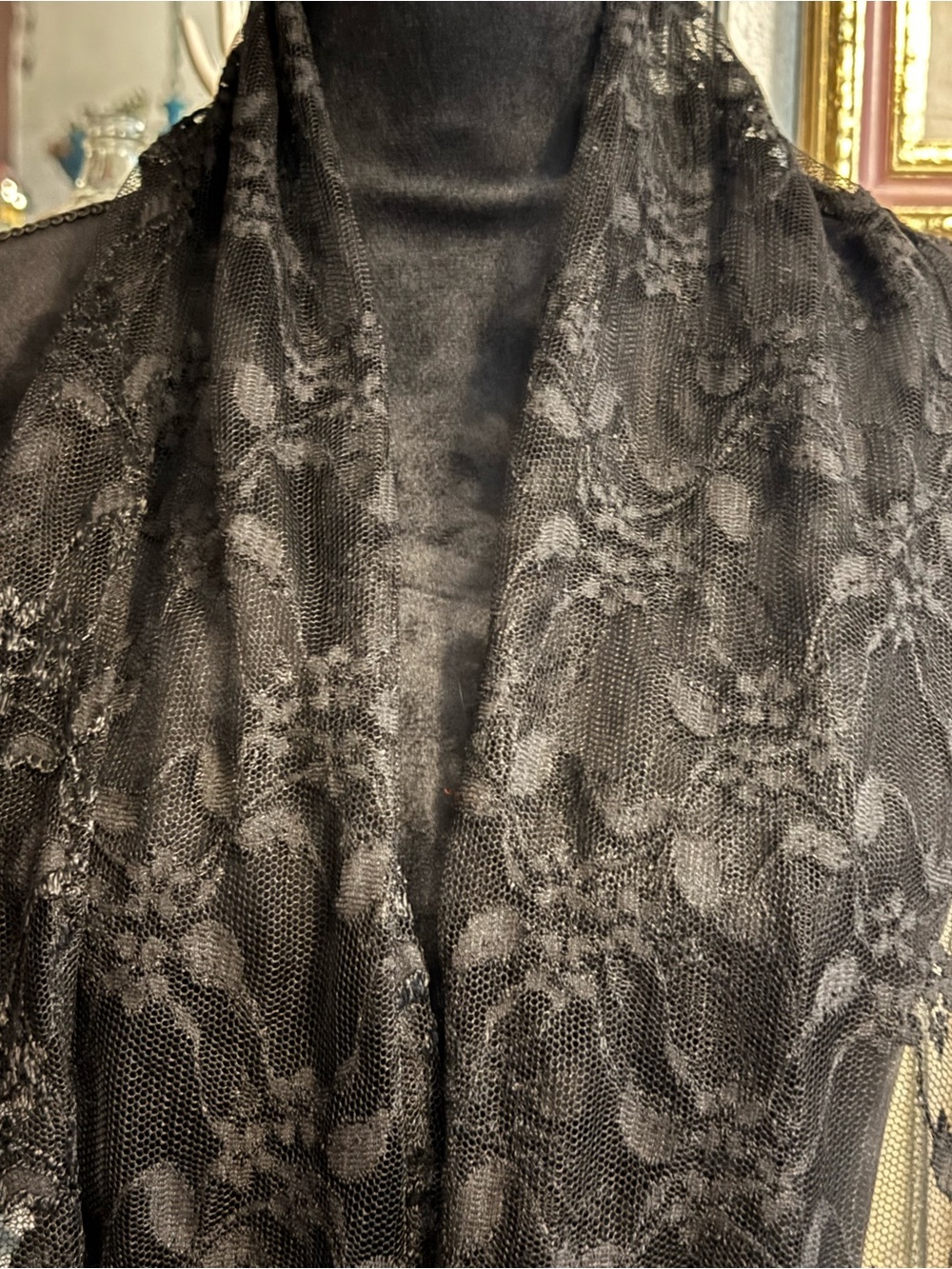 VTG A. Brod Black Sheer Floral Lace Long Scarf Made in USA Goth Coquette